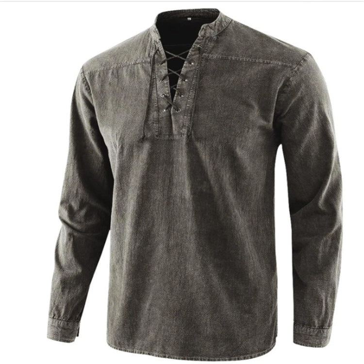 Men's Retro Stand Collar Long Sleeve Shirt