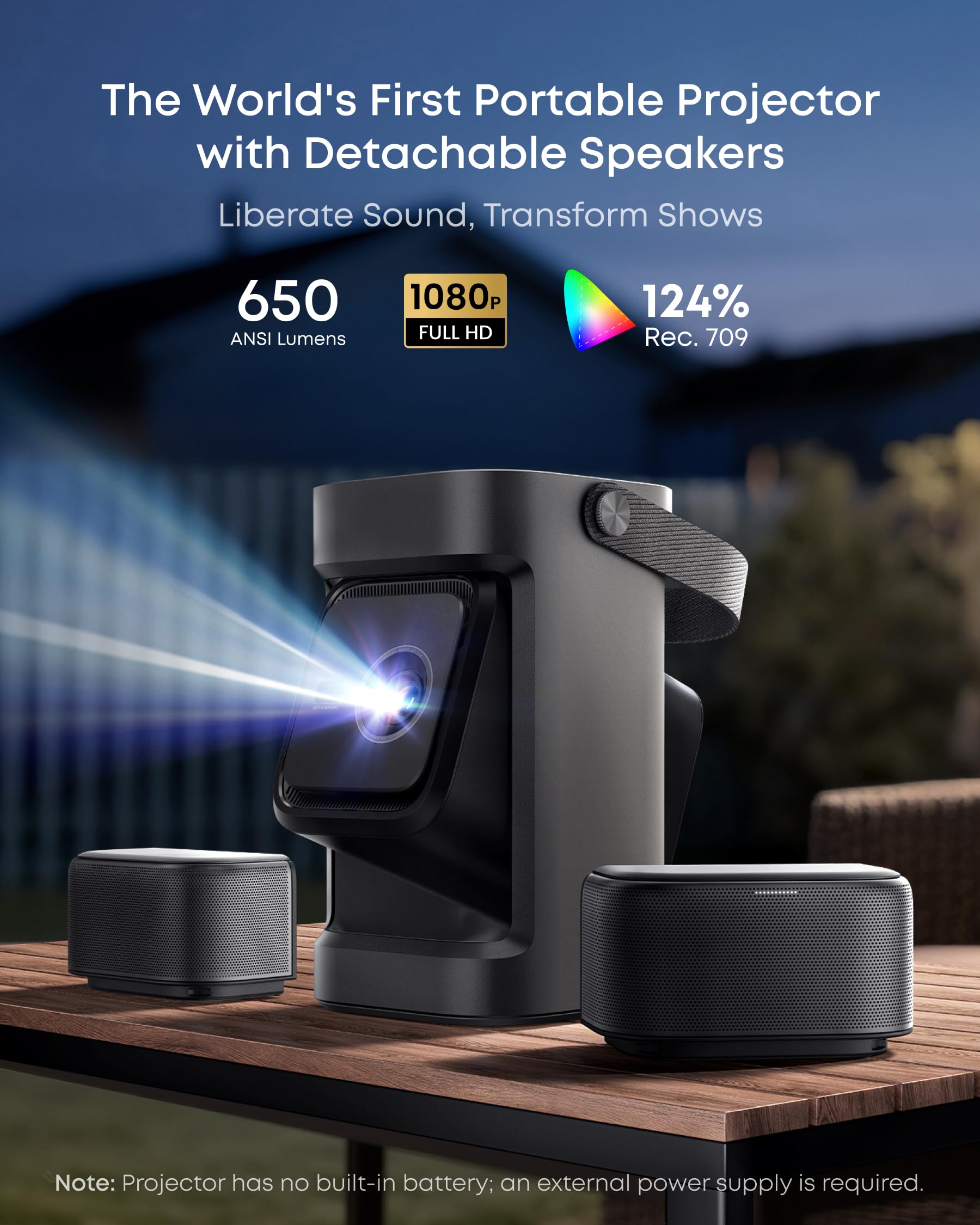 soundcore Nebula P1 Portable GTV Projector with Detachable Speakers, 650 ANSI Lumens, 1080P, 20W Truly 2.0 Surround Sound, Dolby Audio, Built-In Gimbal, Auto Adjustment, 180" Big Screen, Carry Handle